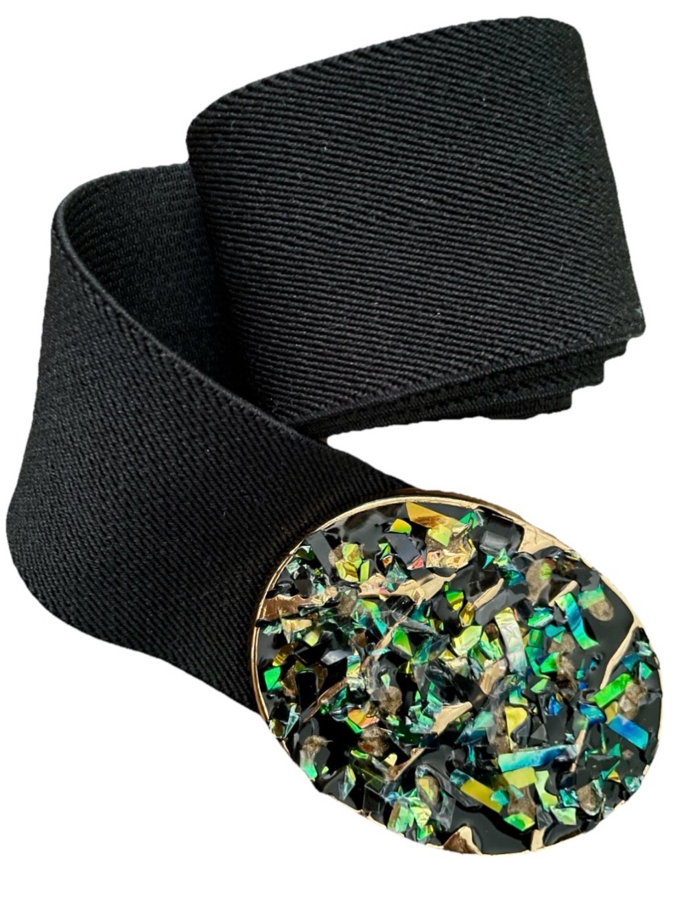 NAN LEWIS Vintage 80s Black Stretch BELT With Large Iridescent BUCKLE O/S